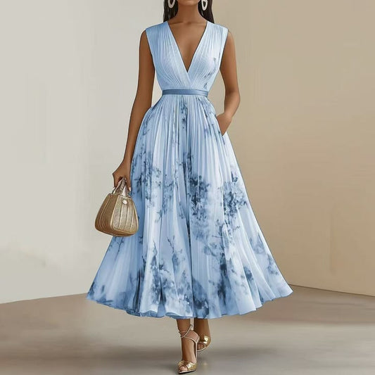 Women's Printed V-neck Sleeveless Fashion Pleated Dress – White Dress - White / L