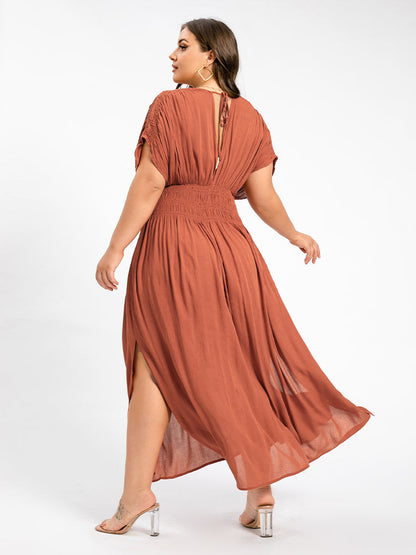 Khaki Victoria V-Neck Maxi Dress with Batwing Sleeves