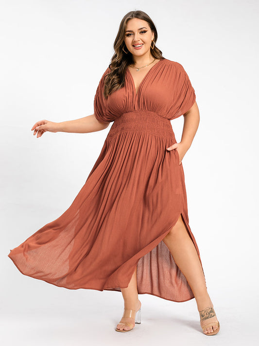 Orange_Red Victoria V-Neck Maxi Dress with Batwing Sleeves