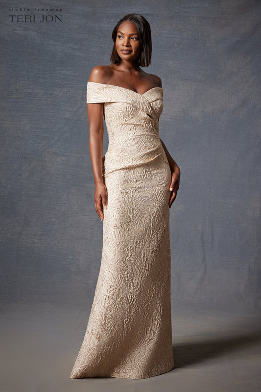 Gold Metallic Jacquard Portrait Collar Side Drape Gown