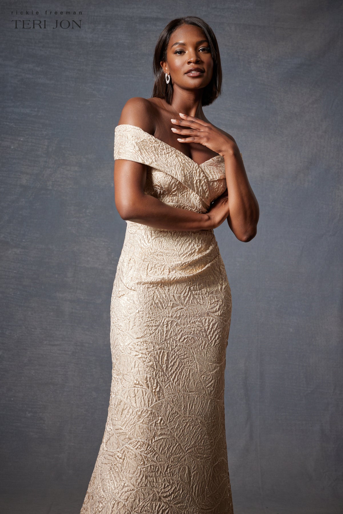 Gold Metallic Jacquard Portrait Collar Side Drape Gown