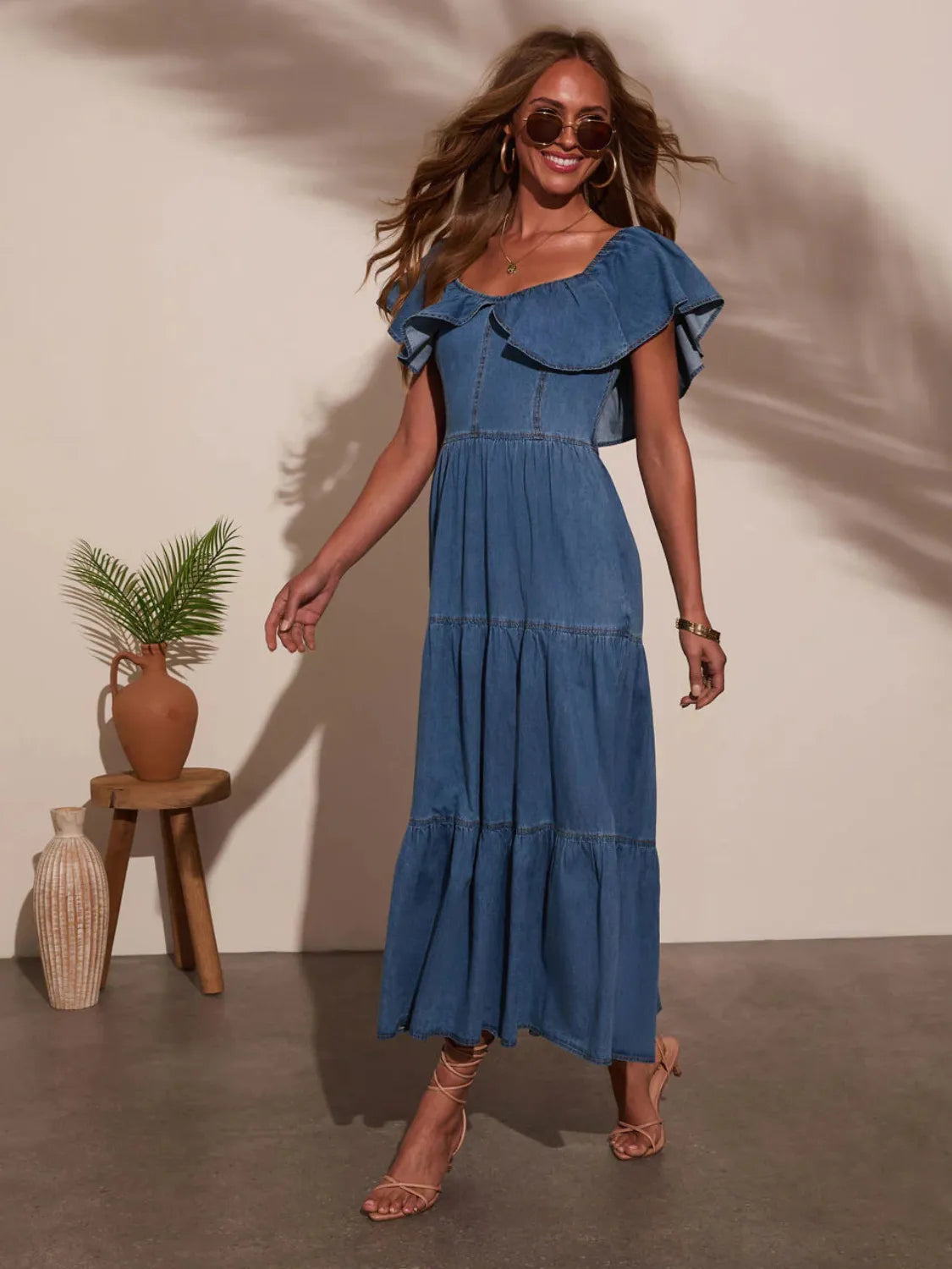 Dark Blue Margot Off-Shoulder Tiered Denim Dress