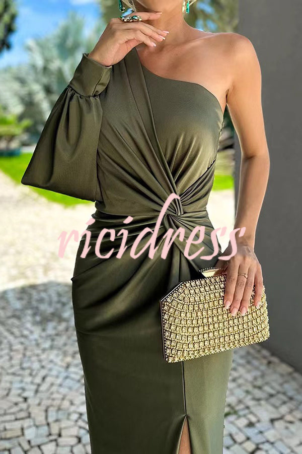 Green Arabella Satin One-Shoulder Maxi Dress