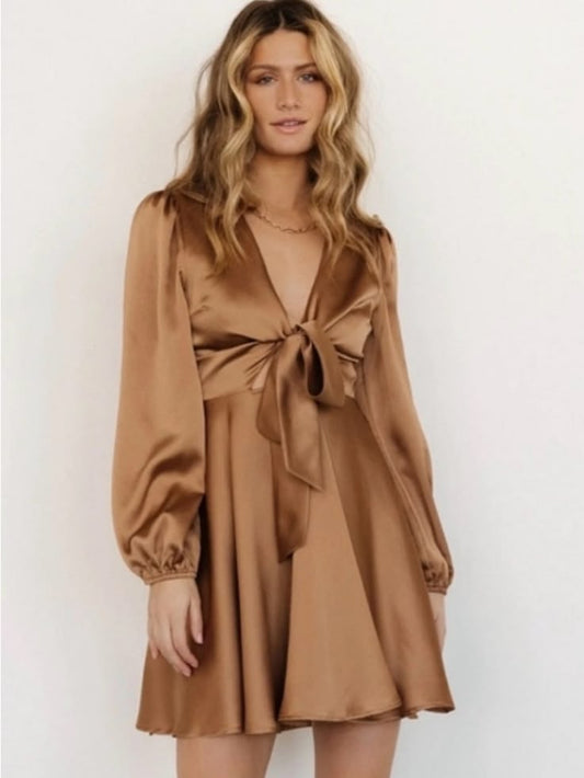 Baltic Born Dresses | Baltic Born Satin Tie-Front Long Sleeve Mini Dress In Brown | Color: Brown | Size: M
