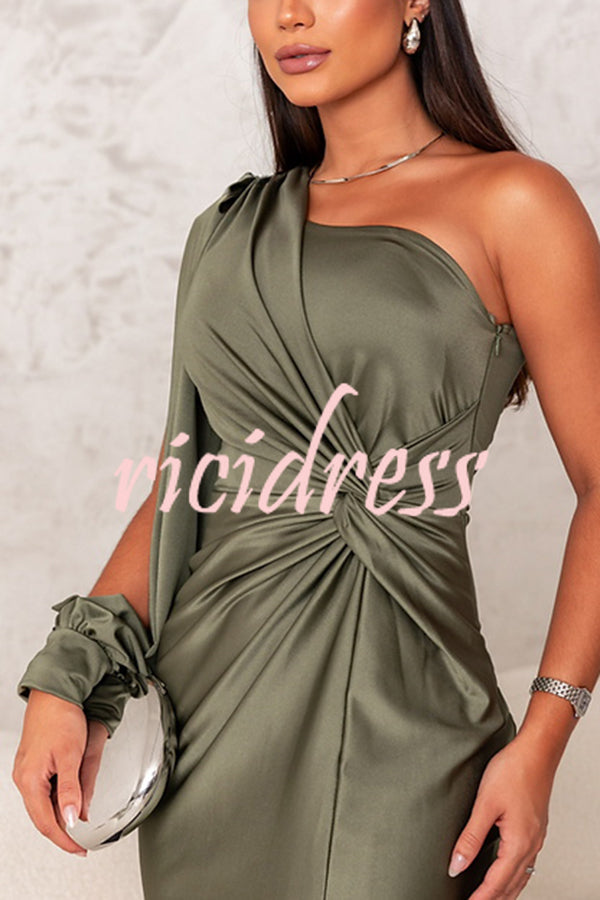 Green Arabella Satin One-Shoulder Maxi Dress
