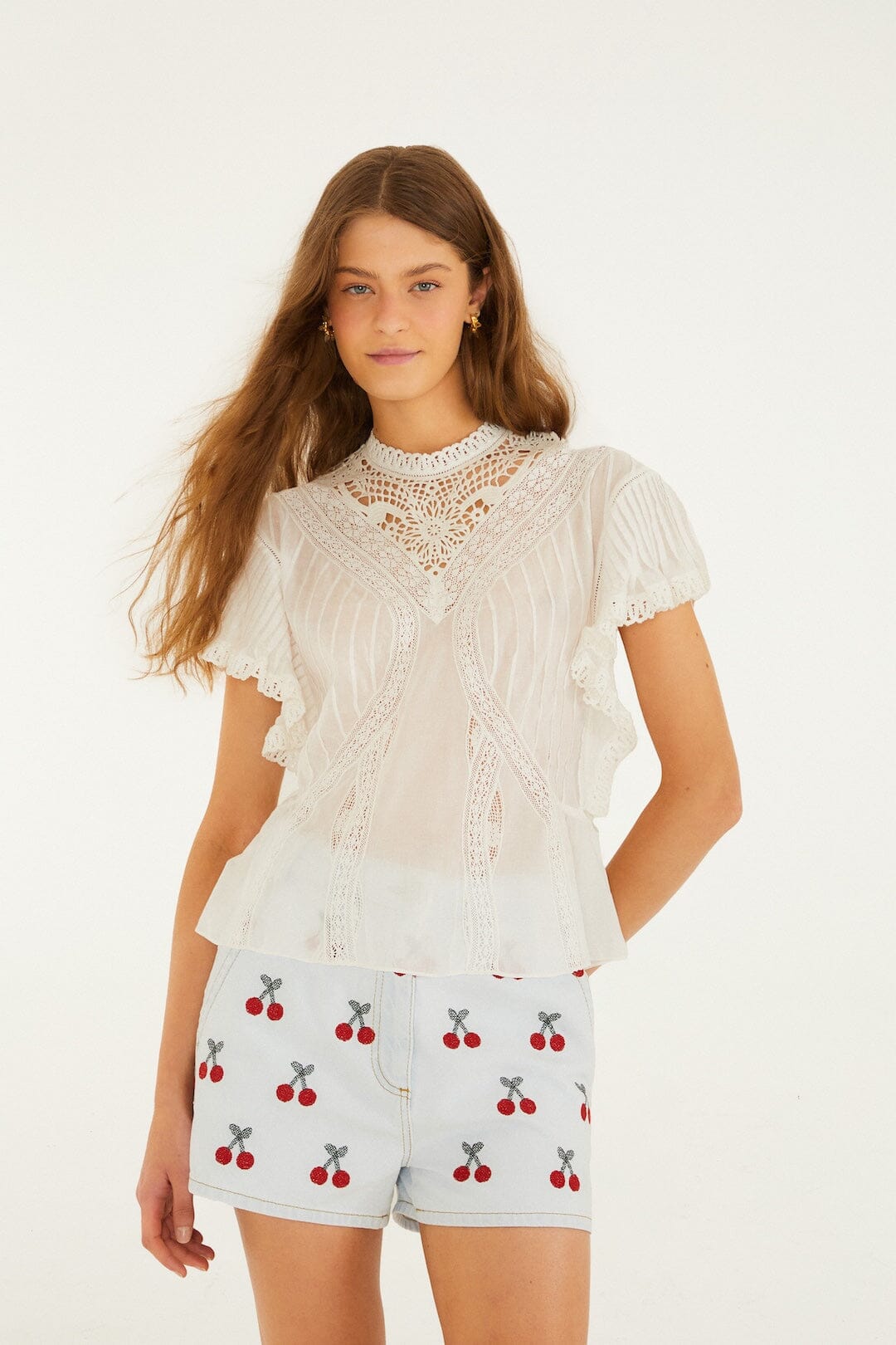 White Blouse With Appliqués Margot Linen Maxi Dress in Off-White Flora