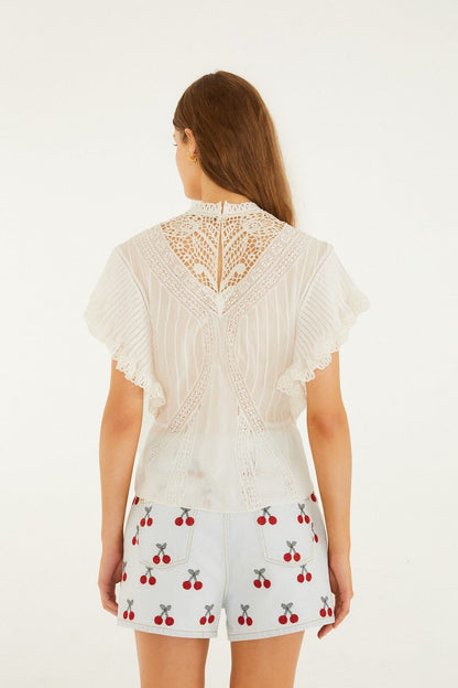 White Blouse With Appliqués Margot Linen Maxi Dress in Off-White Flora