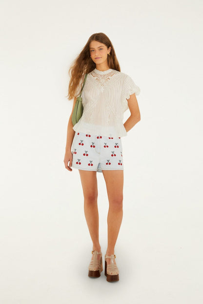 White Blouse With Appliqués Margot Linen Maxi Dress in Off-White Flora