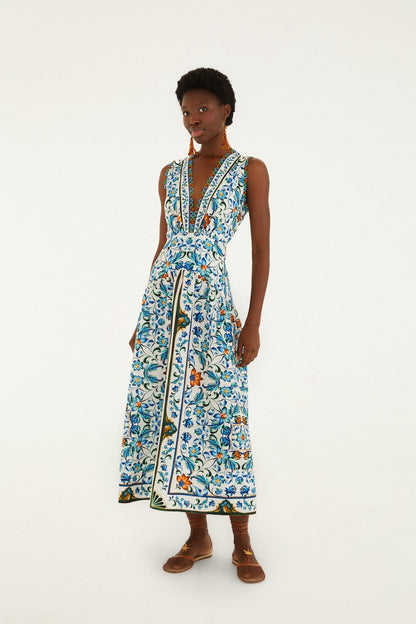 White Flora Tile Scallop Maxi Dress Margot Linen Maxi Dress in Off-White Flora