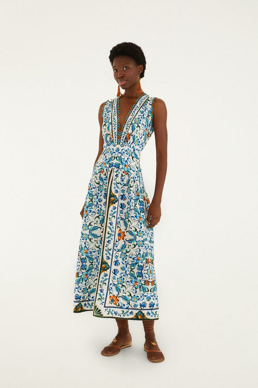 White Flora Tile Scallop Maxi Dress Margot Linen Maxi Dress in Off-White Flora