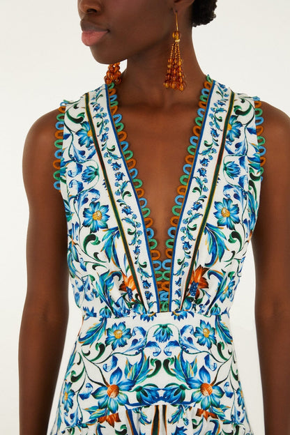 White Flora Tile Scallop Maxi Dress Margot Linen Maxi Dress in Off-White Flora