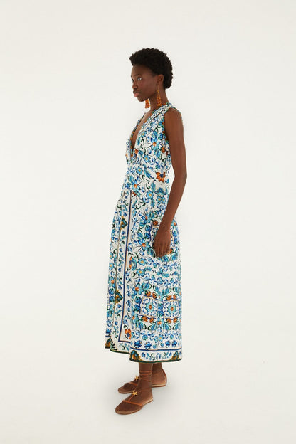 White Flora Tile Scallop Maxi Dress Margot Linen Maxi Dress in Off-White Flora
