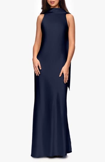 Xscape Evenings Satin Tie Back Mermaid Gown in Navy at Nordstrom, Size 14