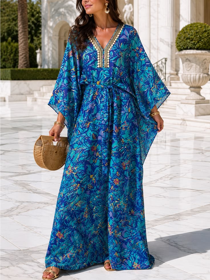 Lilly Pulitzer Dresses | Lilly Pulitzer Wilda Maxi Caftan Dress Small Nwt Blue Beaded Resort Cover Up | Color: Blue | Si