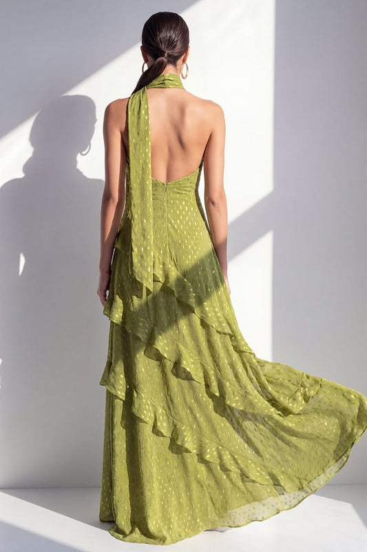 Olive Halter A Line Maxi Beach Wedding Guest Dress with Ruffles - Yellow / US8