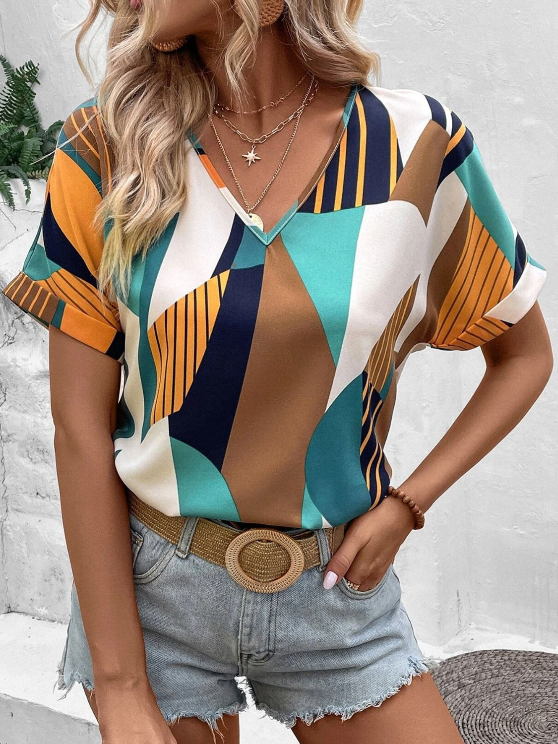 Neck Short Sleeve Blouse Margot Printed V-Neck Tiered Dress