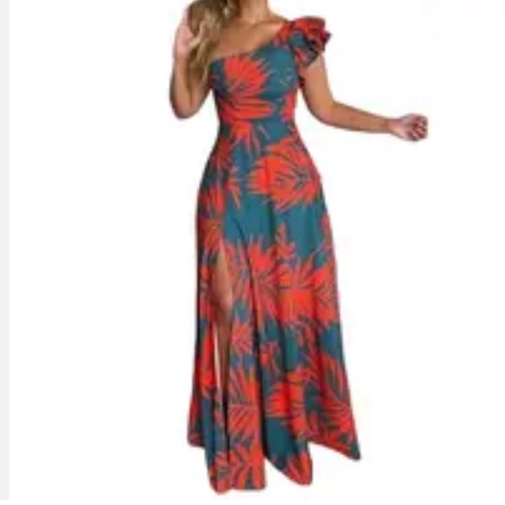 One Shoulder Ruffle Strap Long Leg Slit Tropical Print Maxi. Nwt Size M | Color: Blue/Orange | Size: M