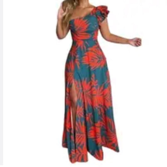 One Shoulder Ruffle Strap Long Leg Slit Tropical Print Maxi. Nwt Size M | Color: Blue/Orange | Size: M
