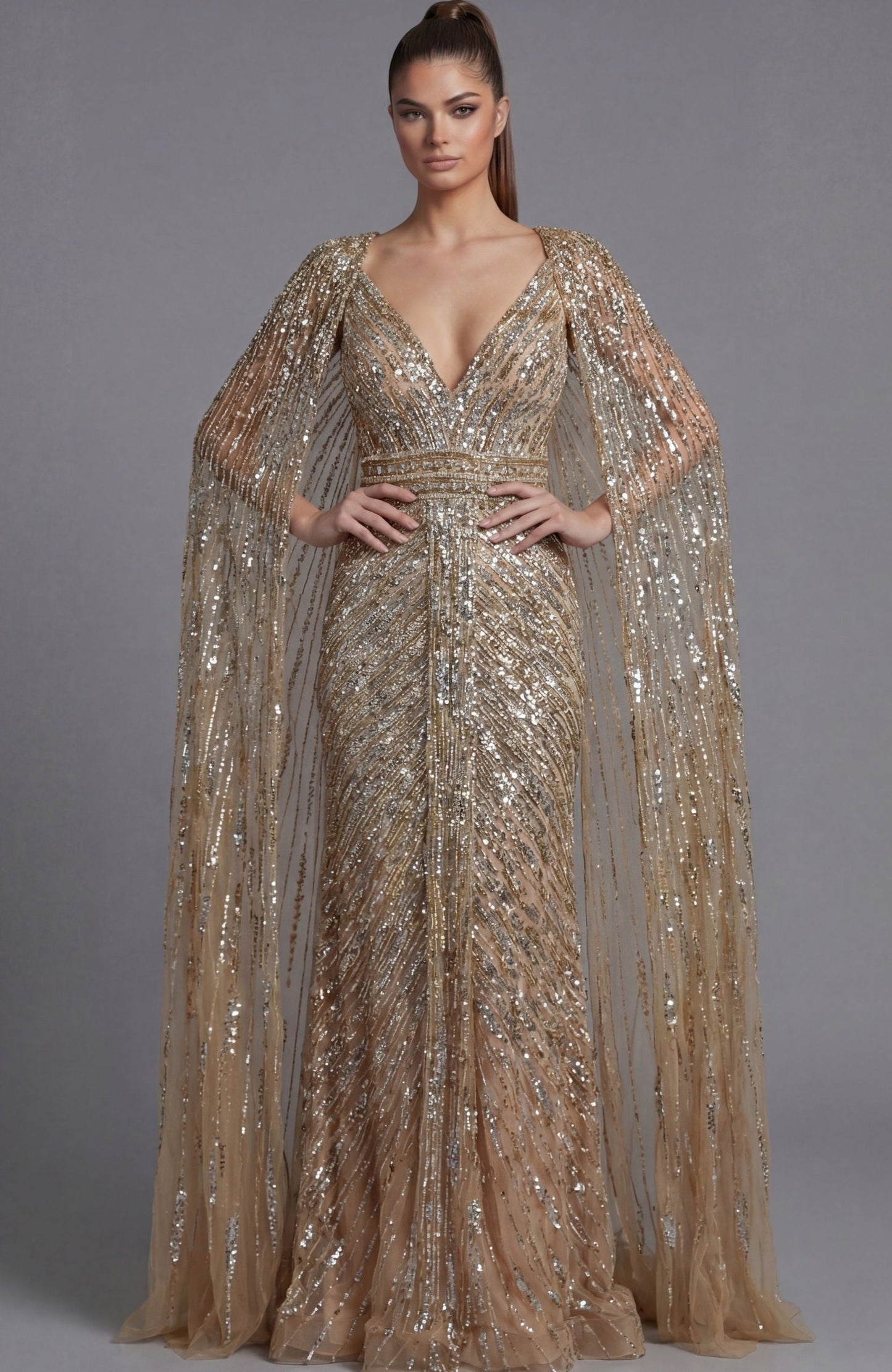 Nude Long Formal Beaded Cape Mother of the Bride Dress Jovani 36358 - Nude / 18