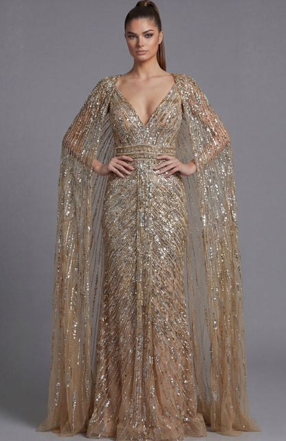 Nude Long Formal Beaded Cape Mother of the Bride Dress Jovani 36358 - Nude / 18