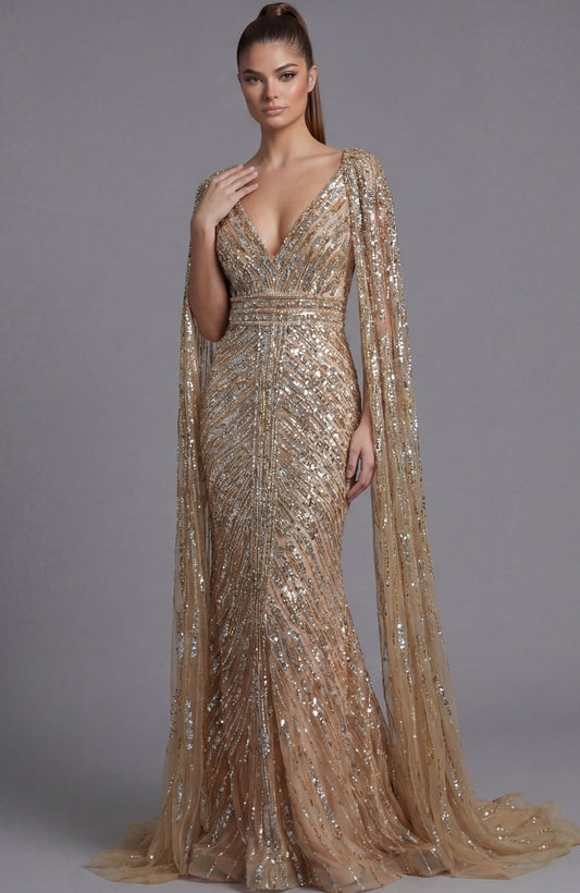 Nude Long Formal Beaded Cape Mother of the Bride Dress Jovani 36358 - Nude / 18