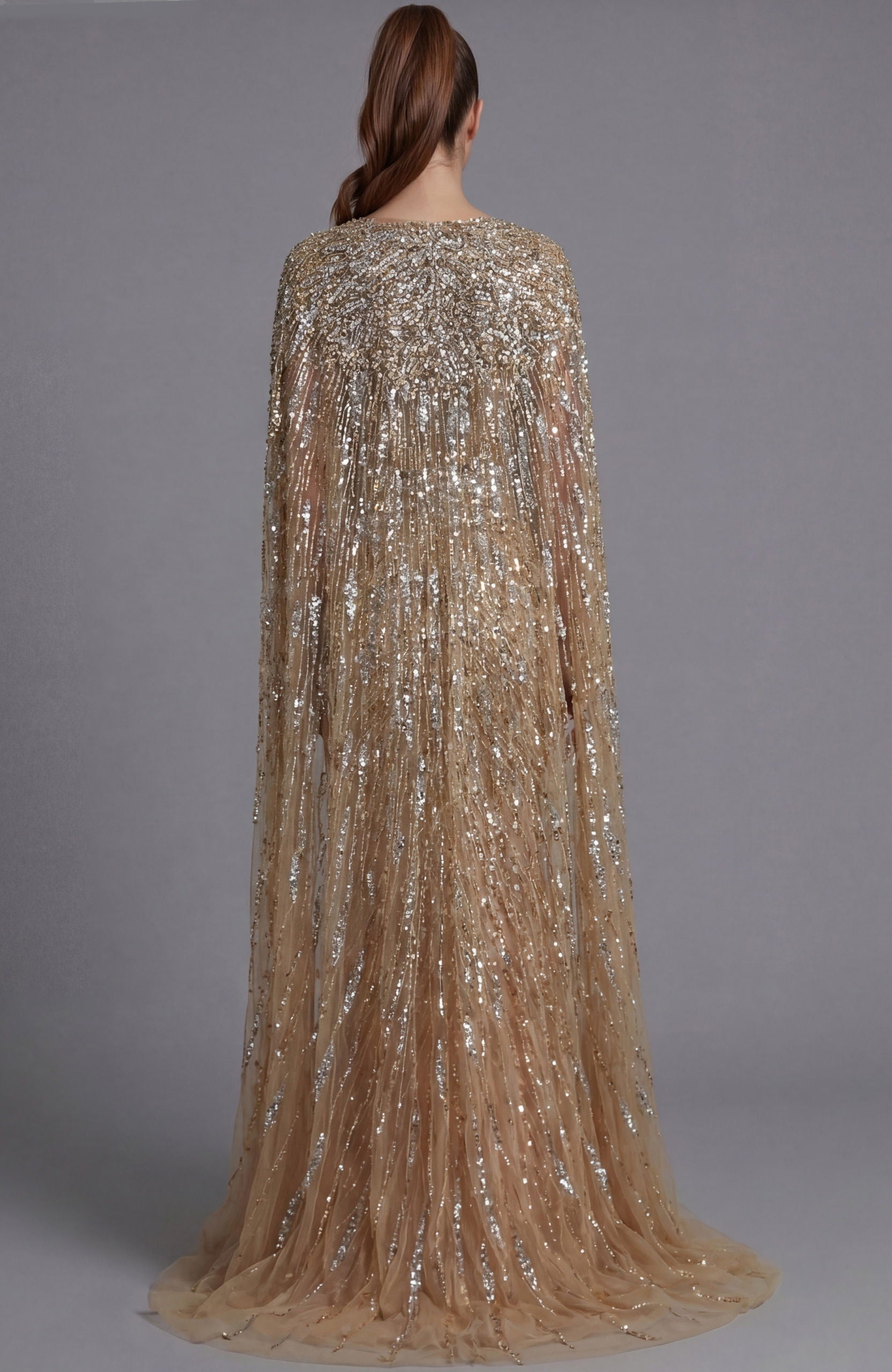 Nude Long Formal Beaded Cape Mother of the Bride Dress Jovani 36358 - Nude / 18