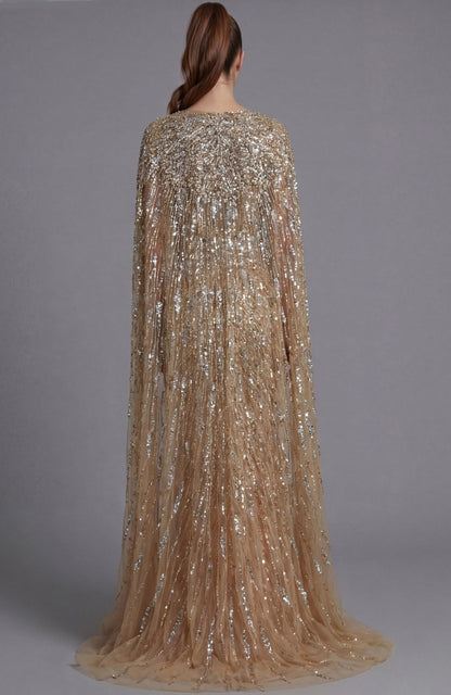 Nude Long Formal Beaded Cape Mother of the Bride Dress Jovani 36358 - Nude / 18