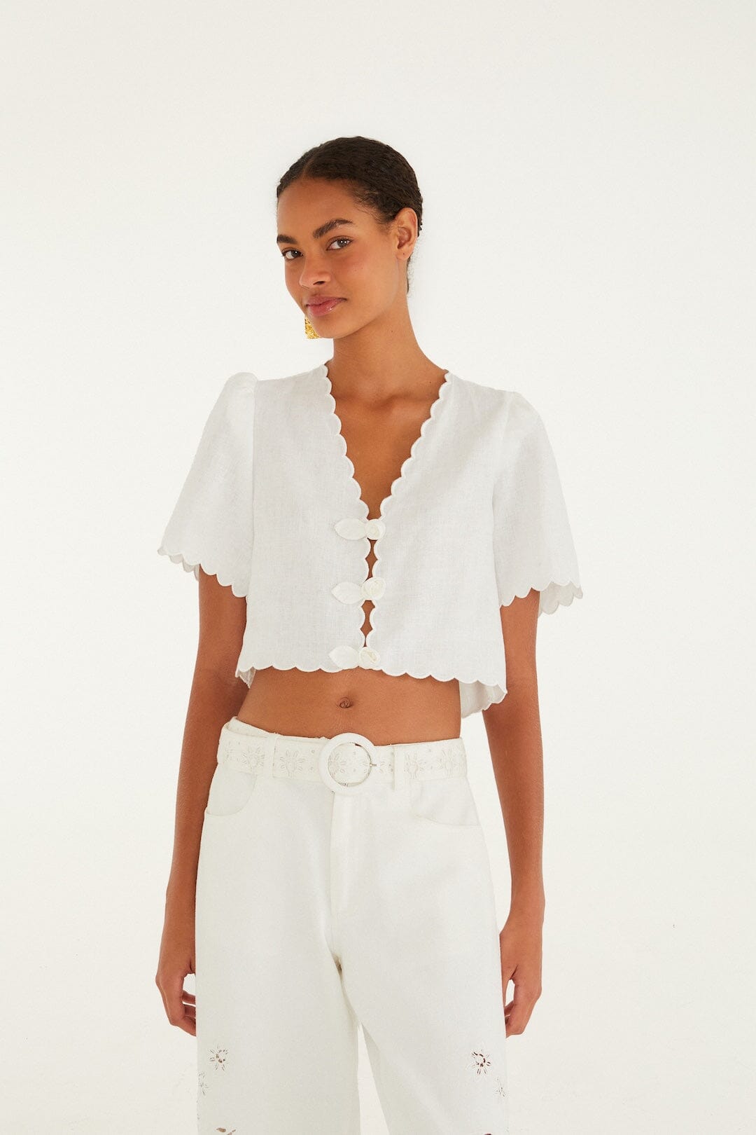 White Roses Scallop Artisanal Top Margot Linen Maxi Dress in Off-White Flora