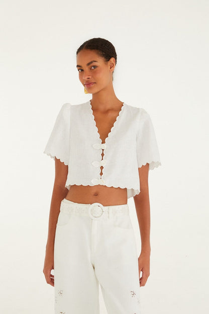 White Roses Scallop Artisanal Top Margot Linen Maxi Dress in Off-White Flora