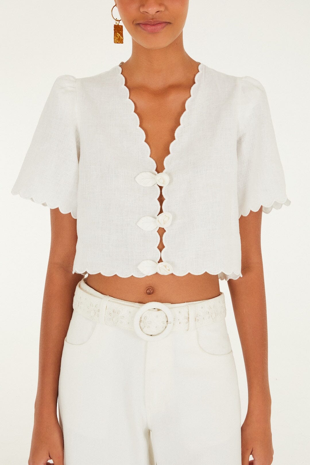 White Roses Scallop Artisanal Top Margot Linen Maxi Dress in Off-White Flora