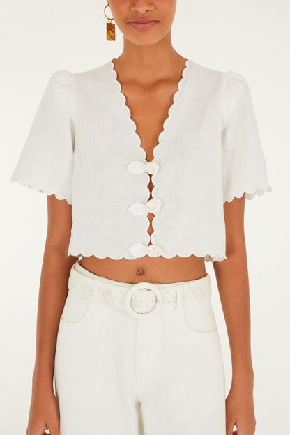 White Roses Scallop Artisanal Top Margot Linen Maxi Dress in Off-White Flora