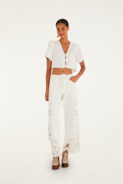 White Roses Scallop Artisanal Top Margot Linen Maxi Dress in Off-White Flora