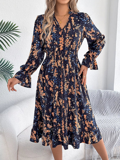 Navy Blue Vivienne Floral Ruffle A-Line Dress