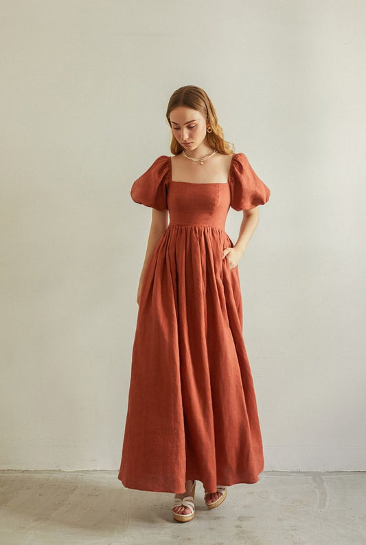 Sherley Linen Maxi Dress in Terracotta