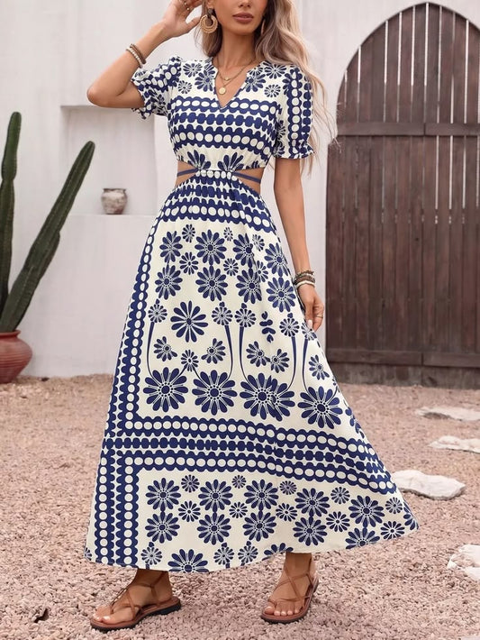 Floral Print Cutout Waist Maxi Dress - Navy Blue / XL