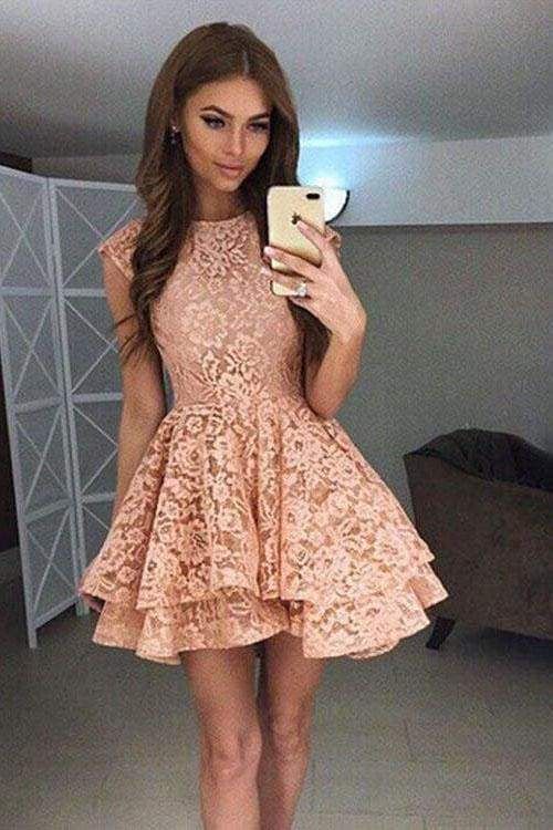 A-Line Round Neck Mini Prom Cute Lace Short Homecoming Dress