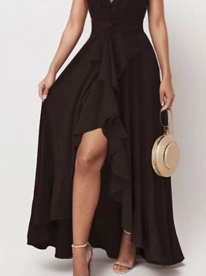 Deep Red Arabella Ruffled High-Low Maxi Dress