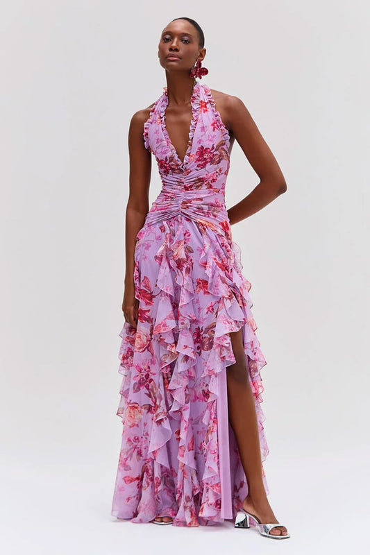Noveify Floral Halter Neck Ruffle Maxi Dress - Shop