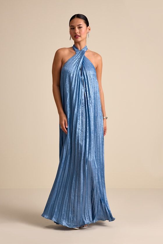 Gelsey Dusty Blue Pleated Halter Maxi Dress