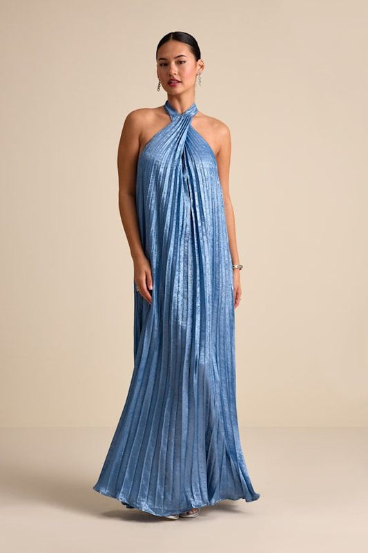 Gelsey Dusty Blue Pleated Halter Maxi Dress