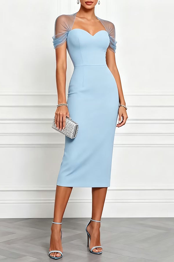Black Emilie Mesh Sleeve Patchwork Sweetheart Neck Stretch Midi Dress