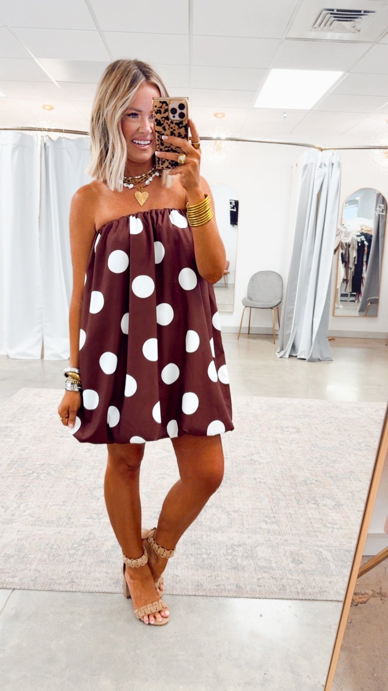 Brown/Ivory Margot Polka Dot Bubble Hem Dress