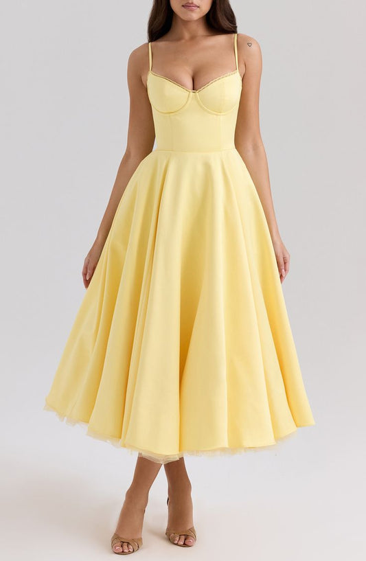 HOUSE OF CB Mademoiselle Bustier Stretch Satin Midi Cocktail Dress in Sunshine at Nordstrom, Size X-Small
