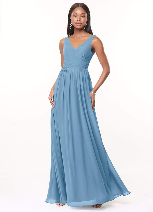 Azazie A-Line V-Neck Floor-Length Chiffon Bridesmaid Dresses - Steel Blue