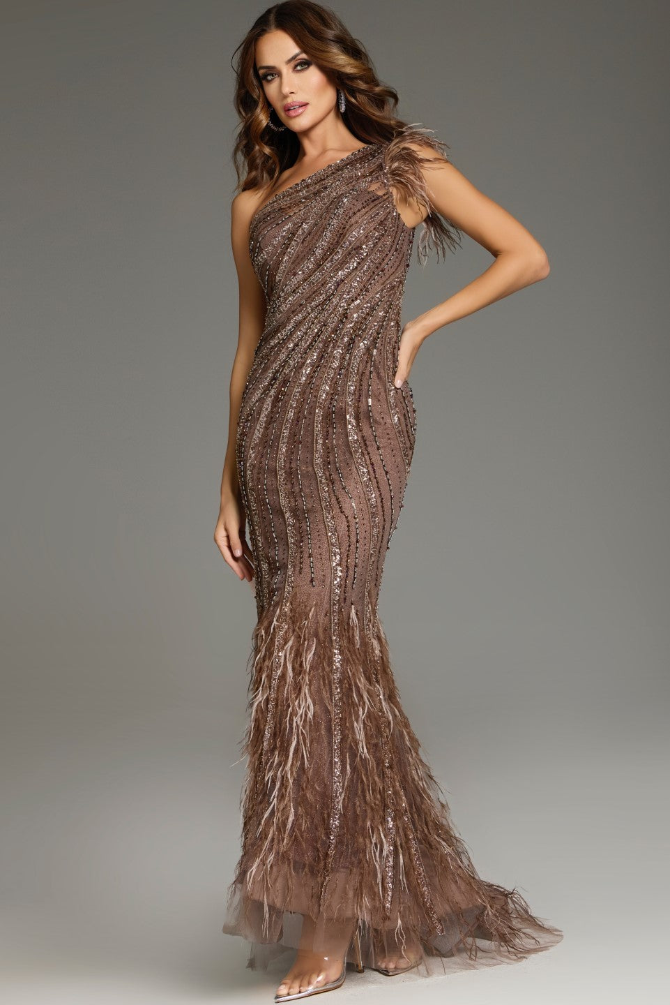 Coffee Vivienne Beaded Feather Evening Gown