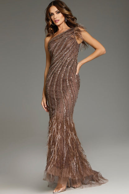 Coffee Vivienne Beaded Feather Evening Gown