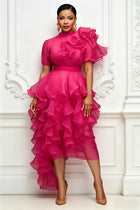 Xpluswear Design Plus Size Cocktail Party Hot Pink Round Neck Short Sleeve Ruffle Asymmetric Hem Irregular Hem Tulle Mid