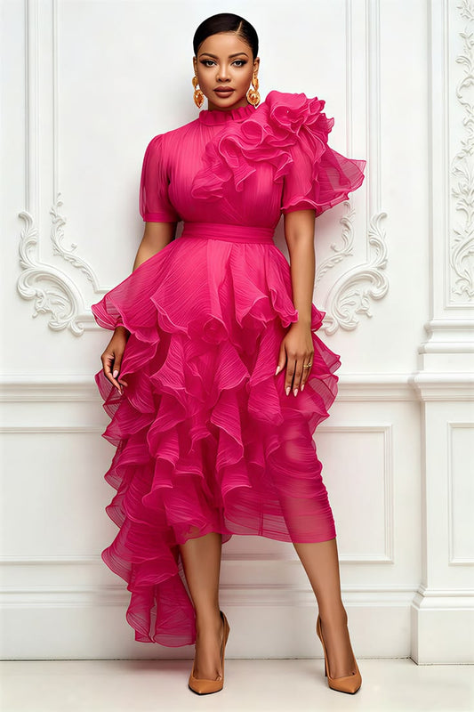 Xpluswear Design Plus Size Cocktail Party Hot Pink Round Neck Short Sleeve Ruffle Asymmetric Hem Irregular Hem Tulle Mid