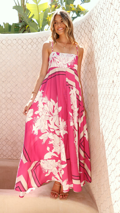 Hot Pink Print Kaethe Floral Maxi Dress