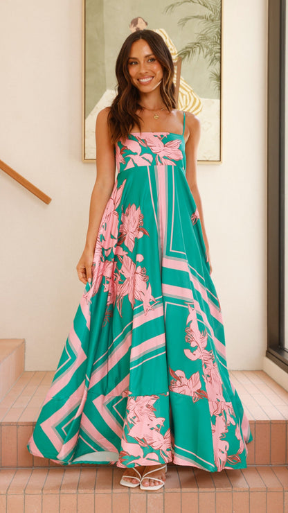 Green/Pink Floral Kaethe Floral Maxi Dress